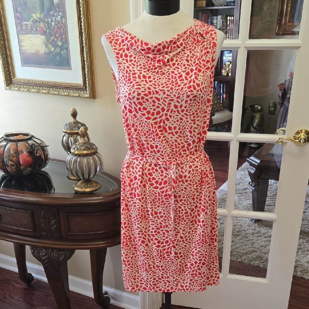 LOFT Red White Print Dress Sleeveless Stretch TieBelt Ruched Left Shoulder M EUC
